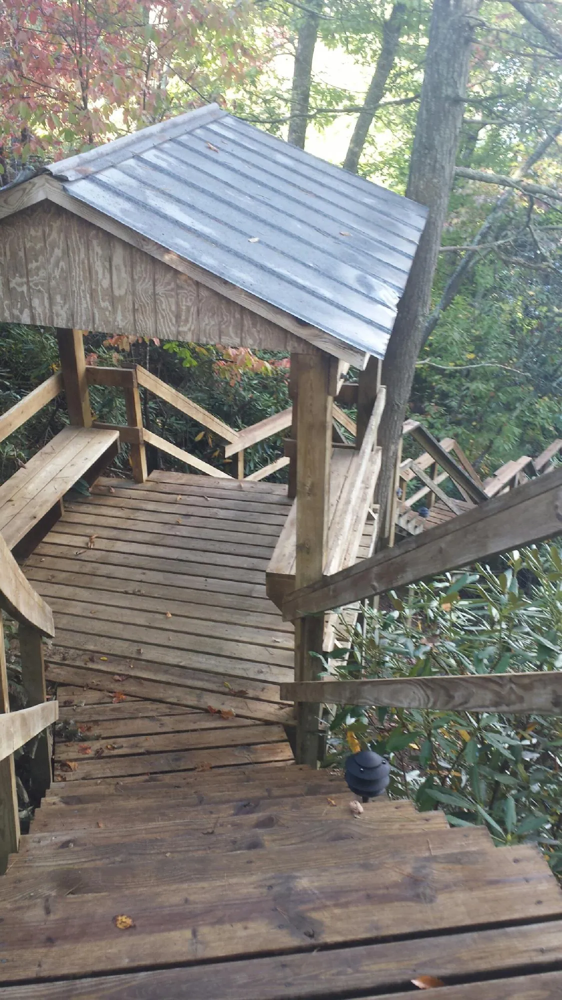 Metal roofed shelter over wooden steps on a wooded walkway — Skylight Repair & Installation work by our crew in Olean